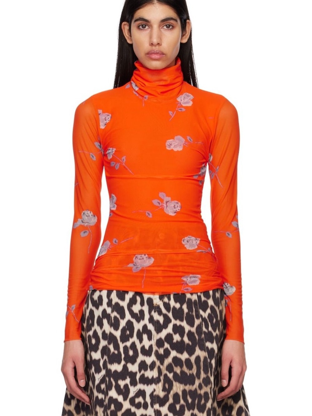 GANNI Floral Mesh Turtleneck Top | EU 34 (US XS)